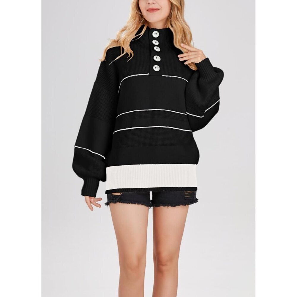 Women's Waffle Knit Sweater Oversized Striped Pullover Turtleneck Casual - Picture 4 of 6